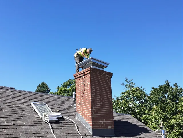 Twinsburg Chimney Sweep technician measuring a chimney cap in Twinsburg, OH